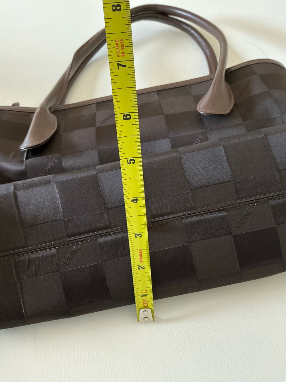 Lorenzi Brown Checkered Nylon Tote Bag Leather Trim Top Handle Classic - Picture 8 of 11